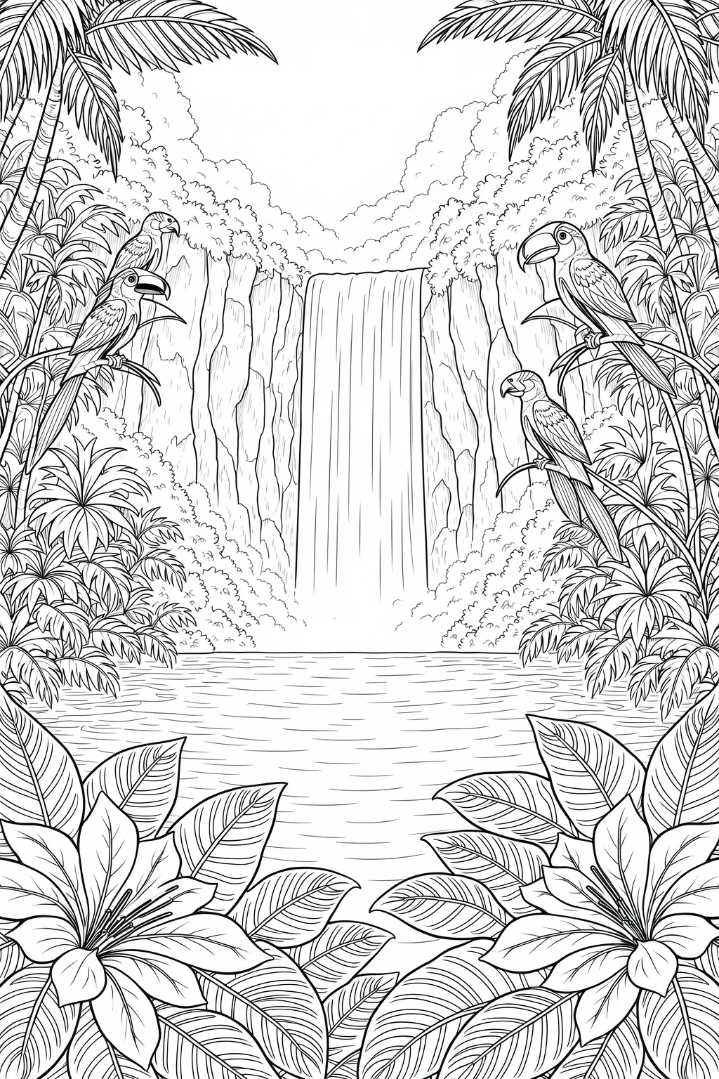 Black-and-white coloring page of a tropical waterfall surrounded by rainforest plants and several perched birds, with large flowers in the foreground.