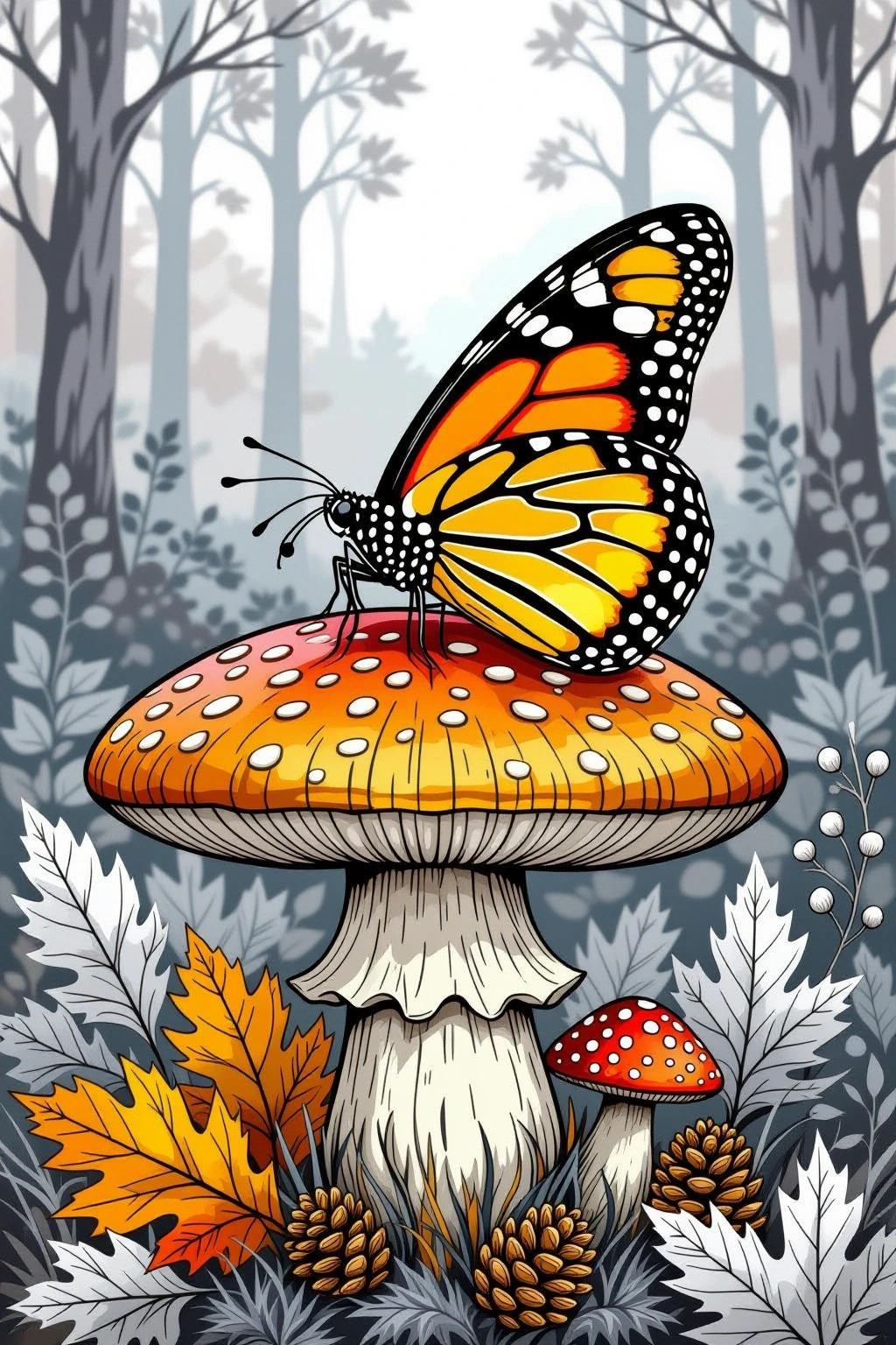 Black and white coloring page of detailed butterfly resting on a mushroom surrounded by autumn leaves and a forest background