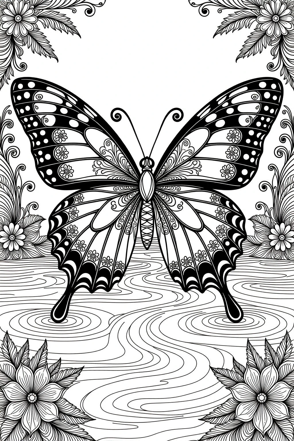 Intricate line-art butterfly above rippling water with floral corners ideal for detailed coloring page in a printable coloring page; great for kids' coloring page and coloring sheets. Spring/summer