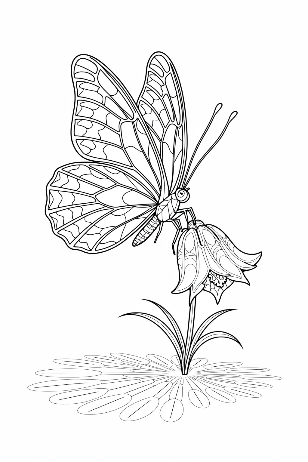 Black and white detailed coloring page of an elegant butterfly resting on a flower, suitable for kids and a spring nature theme.