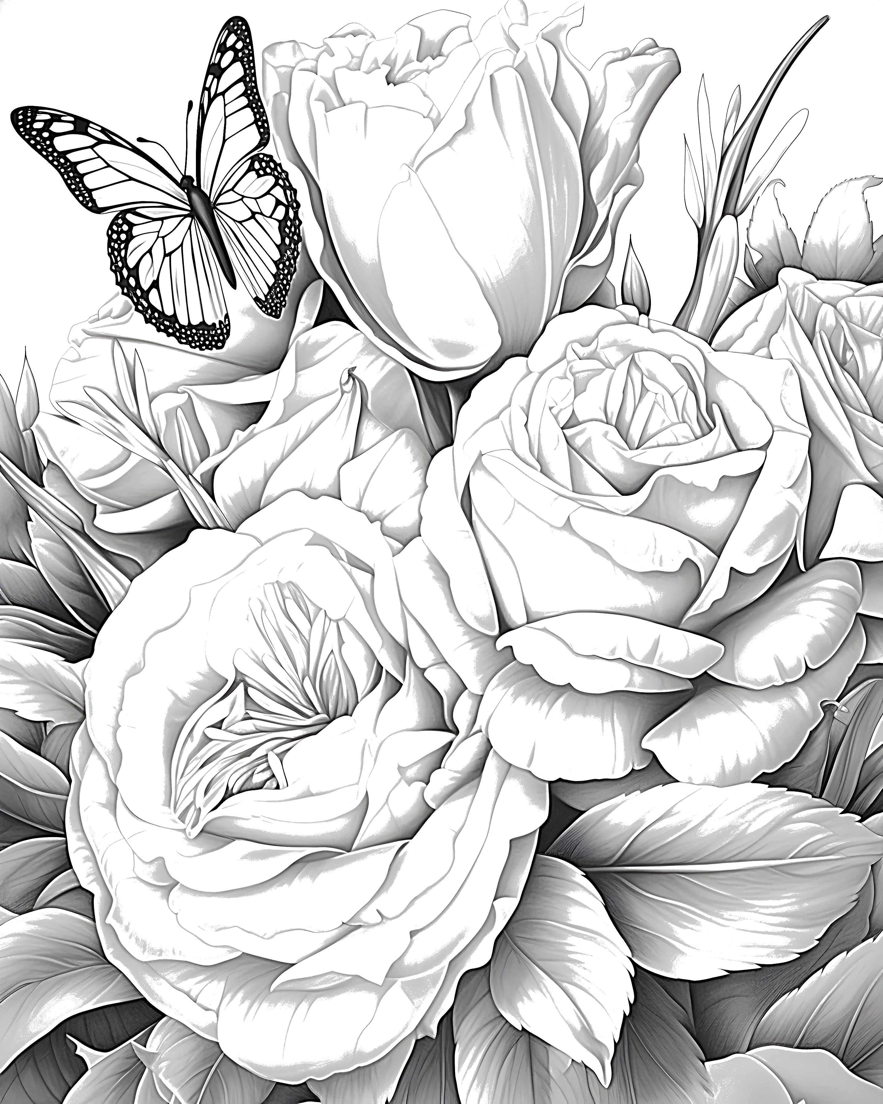 Detailed coloring page of large flowers and roses with a butterfly flying above them.