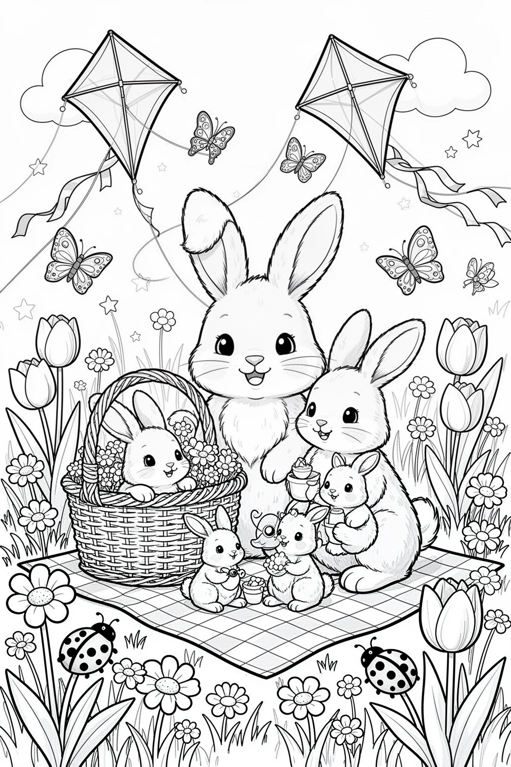 Detailed coloring page of a bunny family having a spring picnic in a flower meadow with butterflies and picnic details.