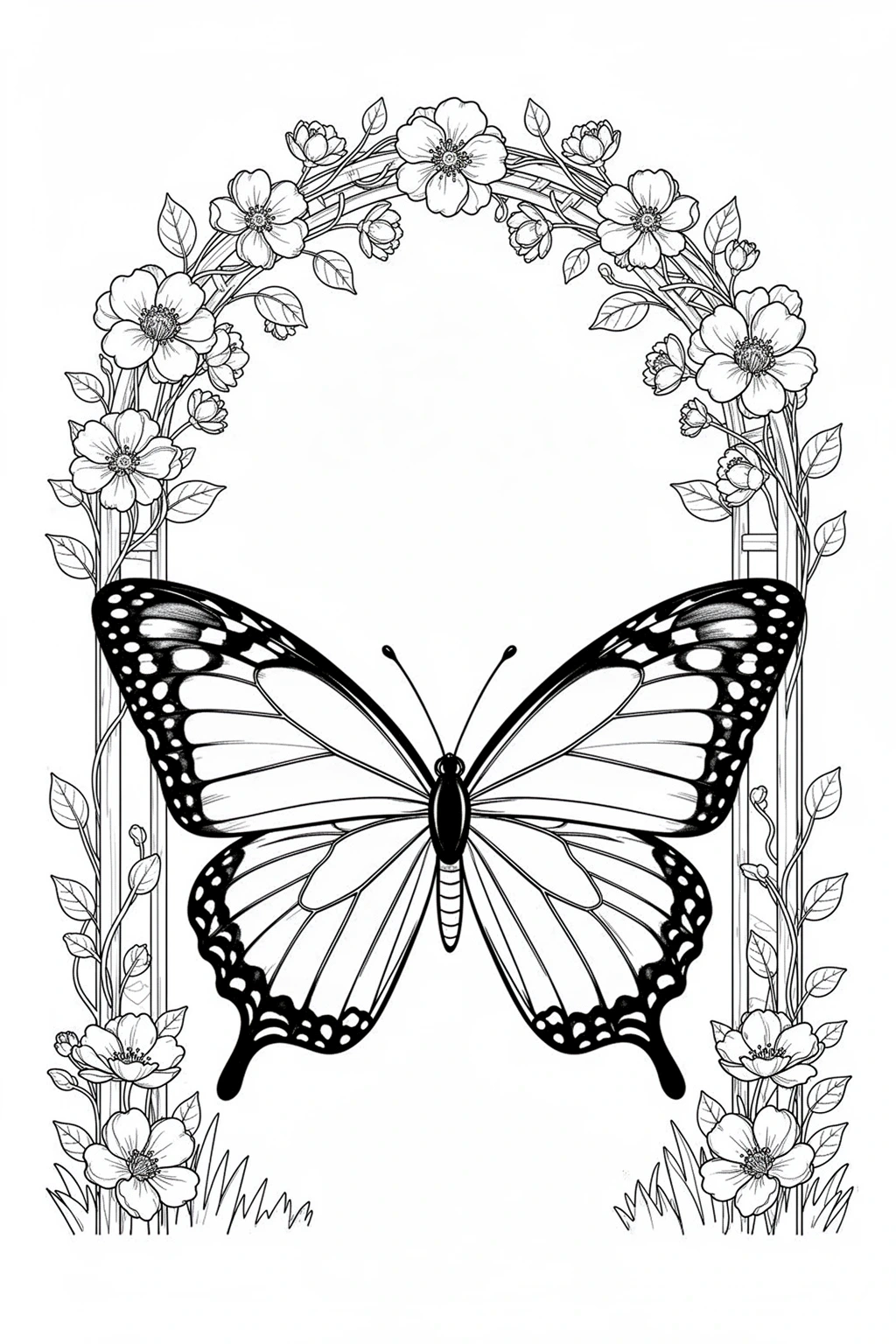Black-and-white coloring page of a large butterfly framed by a flower garden arch.