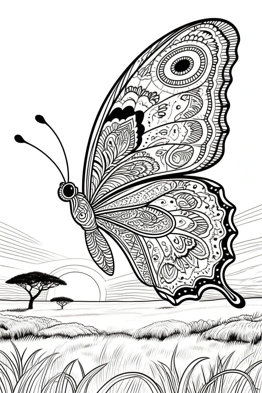 Black and white intricate butterfly coloring page with mandala-style wing patterns over a grassy landscape and distant trees; perfect detailed coloring page, kids' coloring page, printable coloring