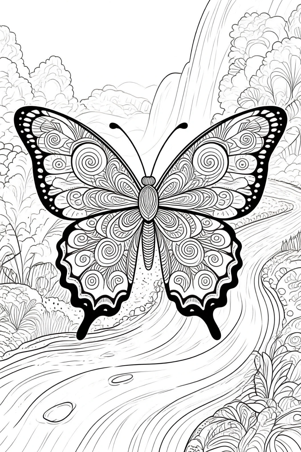 Black and white butterfly mandala on a riverside nature background detailed coloring page, kids' coloring page, printable coloring page and coloring sheets for spring and animal themes.