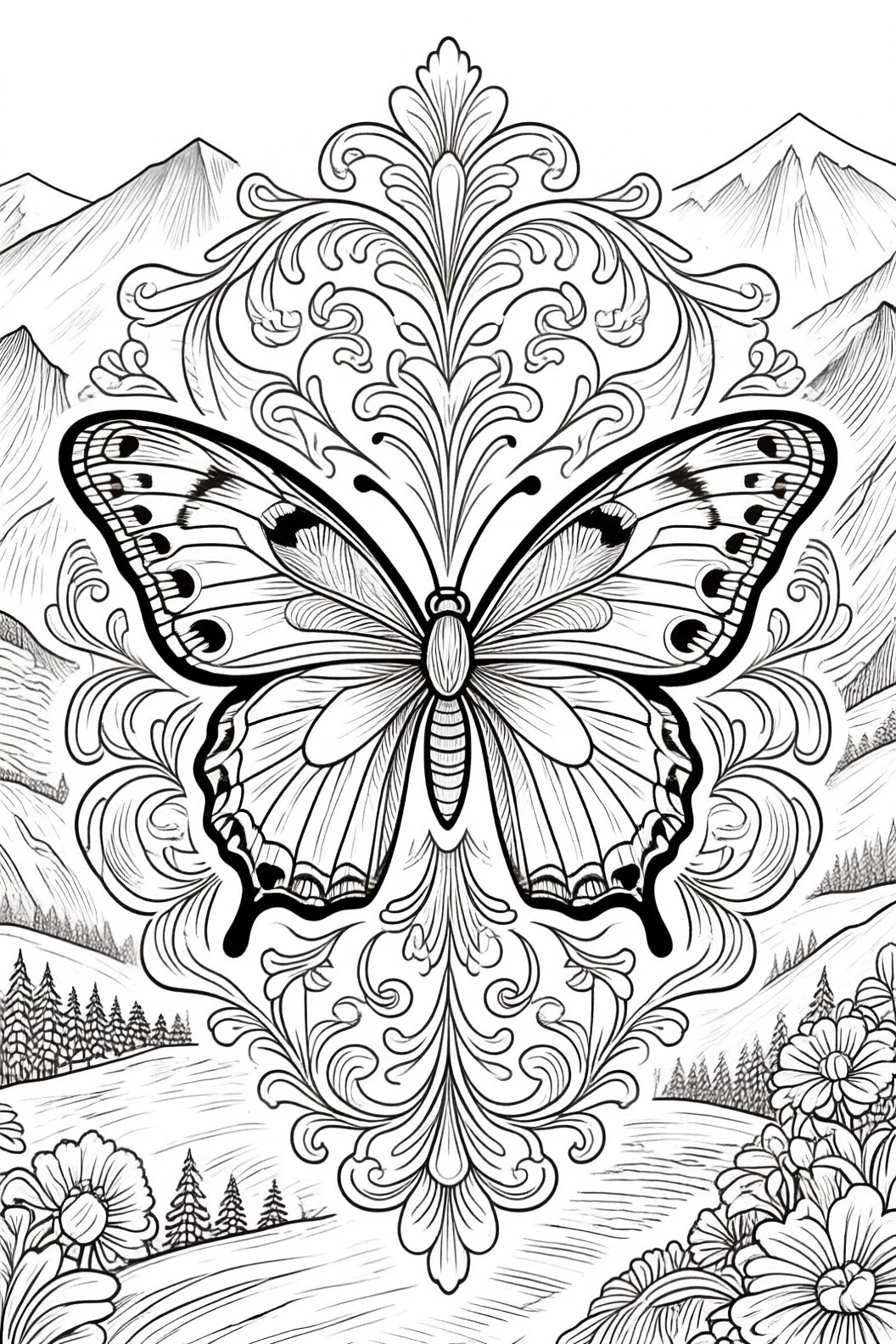 Black and white butterfly line art with ornate mandala flourishes, mountains, flowers and trees a detailed coloring page suitable for kids' coloring page, detailed coloring page, printable coloring