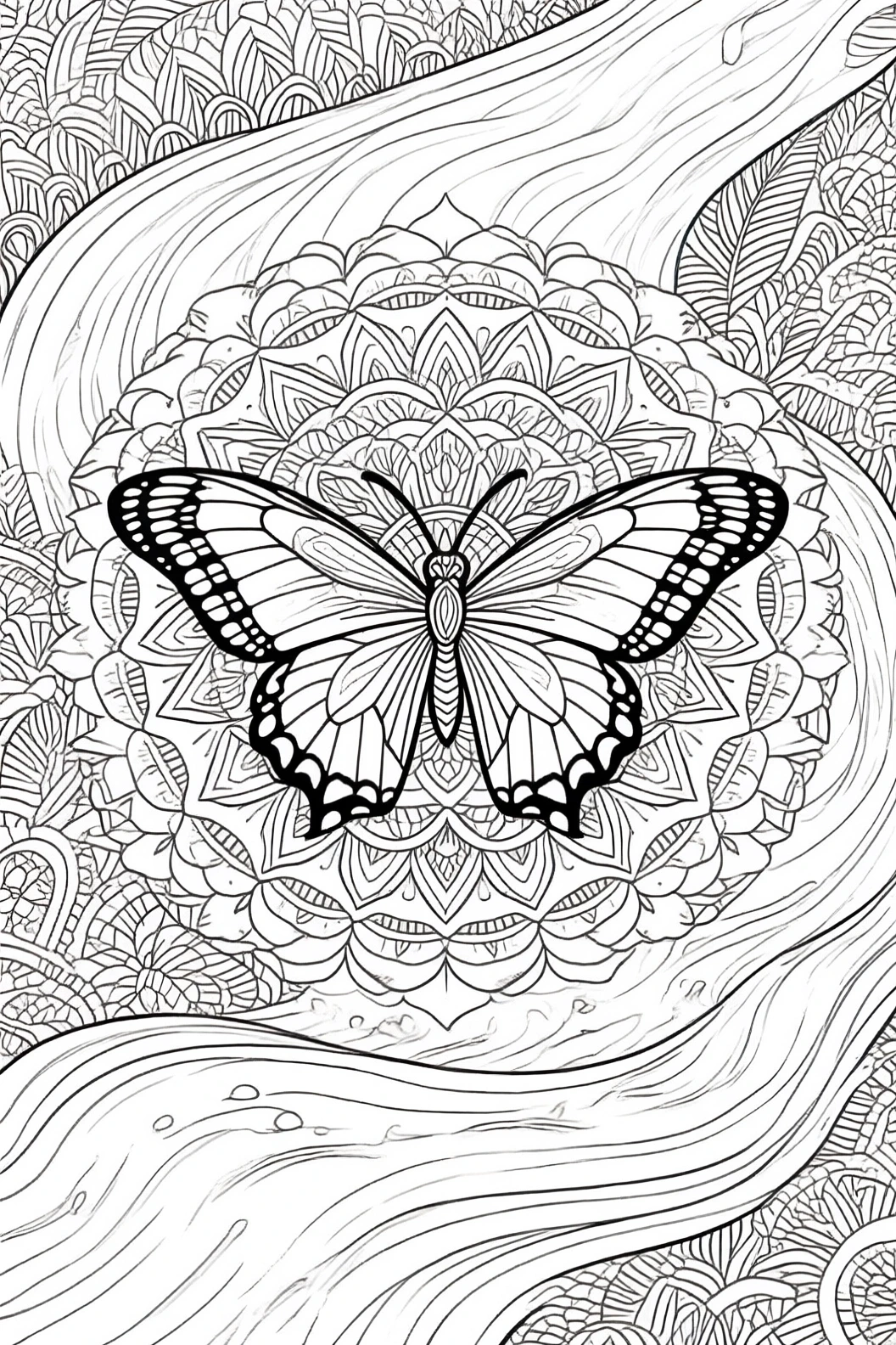 Black and white butterfly mandala line art intricate detailed coloring page and kids' coloring page for a printable coloring page and coloring sheets.