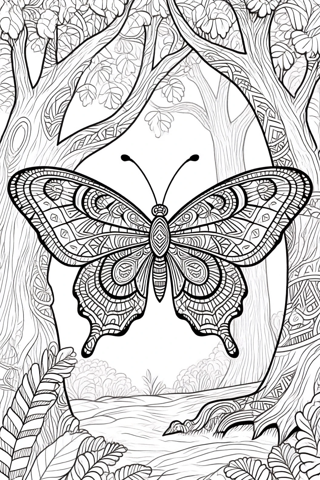 Black-and-white coloring page of an ornate butterfly with mandala patterns between trees in a forest an animal spring design ideal for detailed coloring page, kids' coloring page, printable coloring