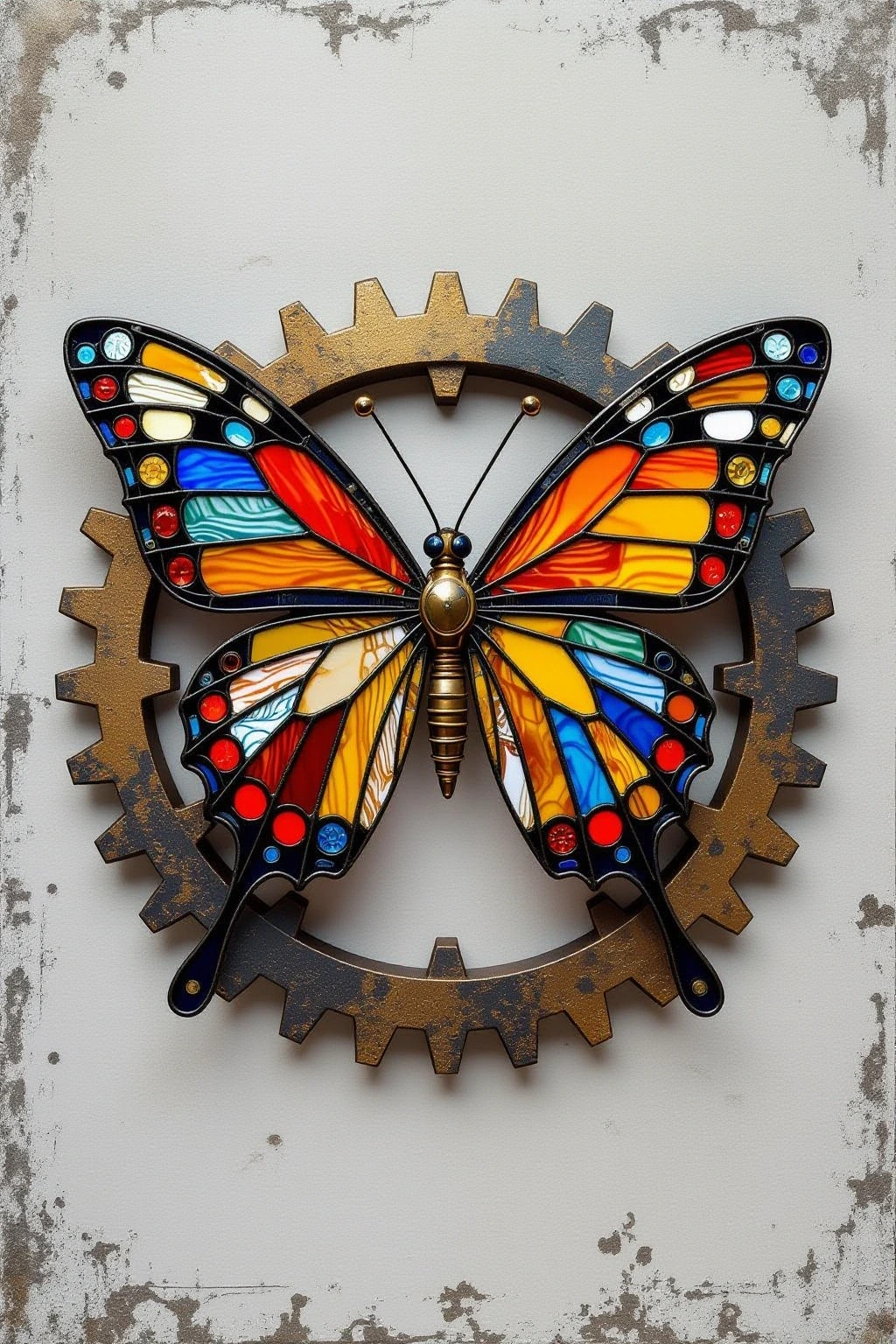 Stained-glass butterfly wall art in bright oranges, blues and reds set inside a rusty gear ideal for detailed coloring page, kids' coloring page, printable coloring page ideas and coloring sheets.
