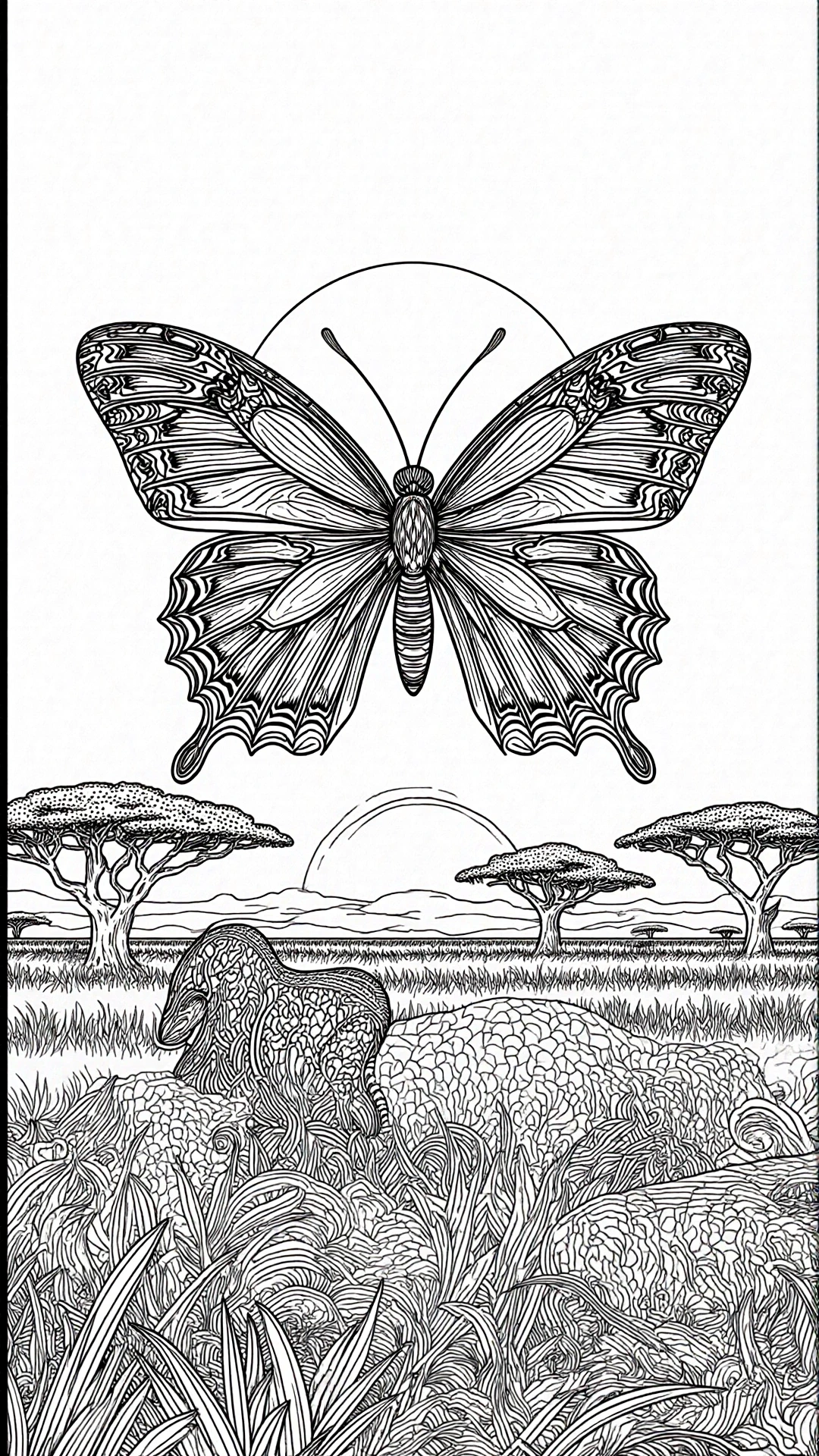 Black-and-white detailed butterfly and savanna scene coloring sheet for printable coloring page - detailed coloring page, kids' coloring page, printable coloring page, coloring sheets with animal.