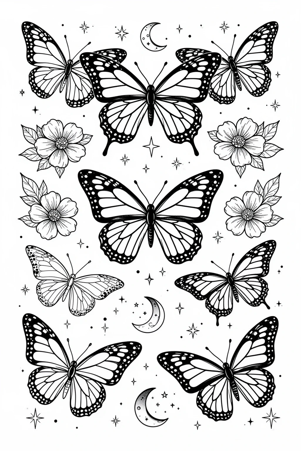 Black and white coloring page of black-and-white printable butterfly tattoo flash sheet with flowers and decorative accents