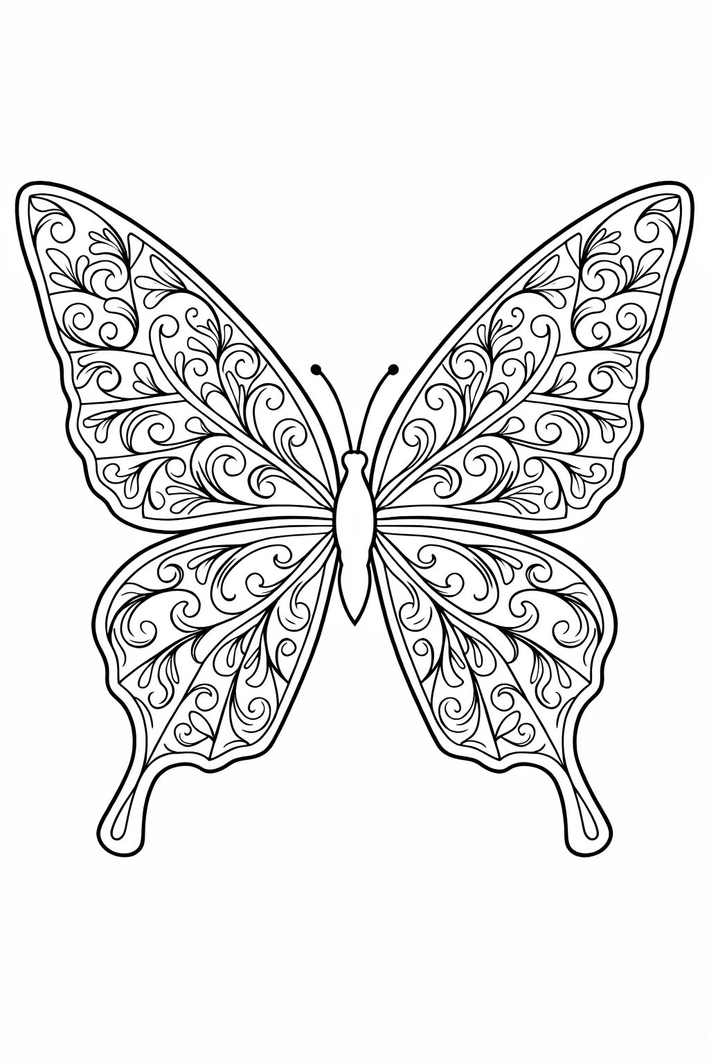 Elegant butterfly line art coloring page with intricate swirls and wing patterns, ideal for detailed coloring page, kids' coloring page, a printable coloring page, and coloring sheets. A beautiful