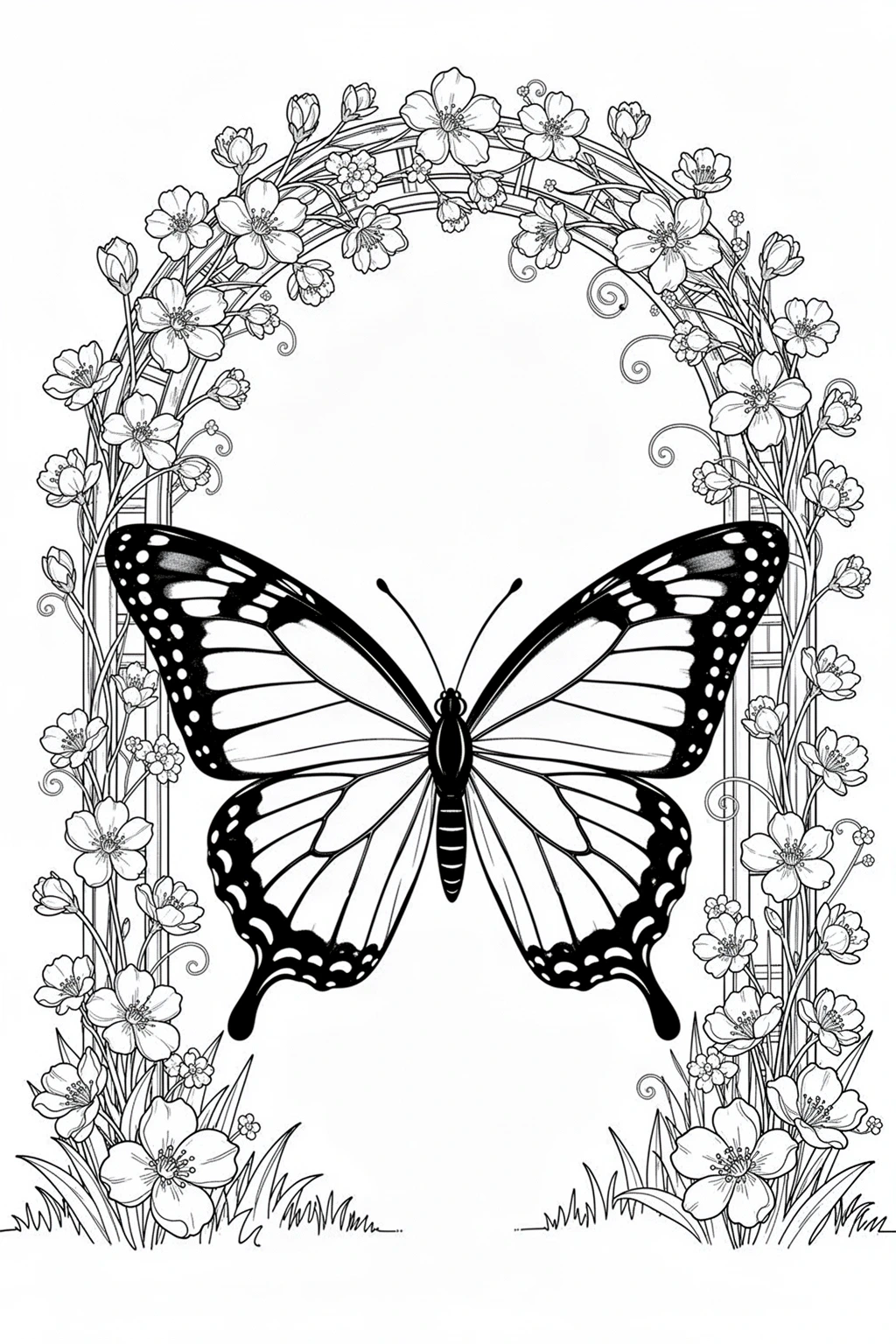 Black-and-white coloring page of a butterfly framed by a garden arch with flowers and vines.