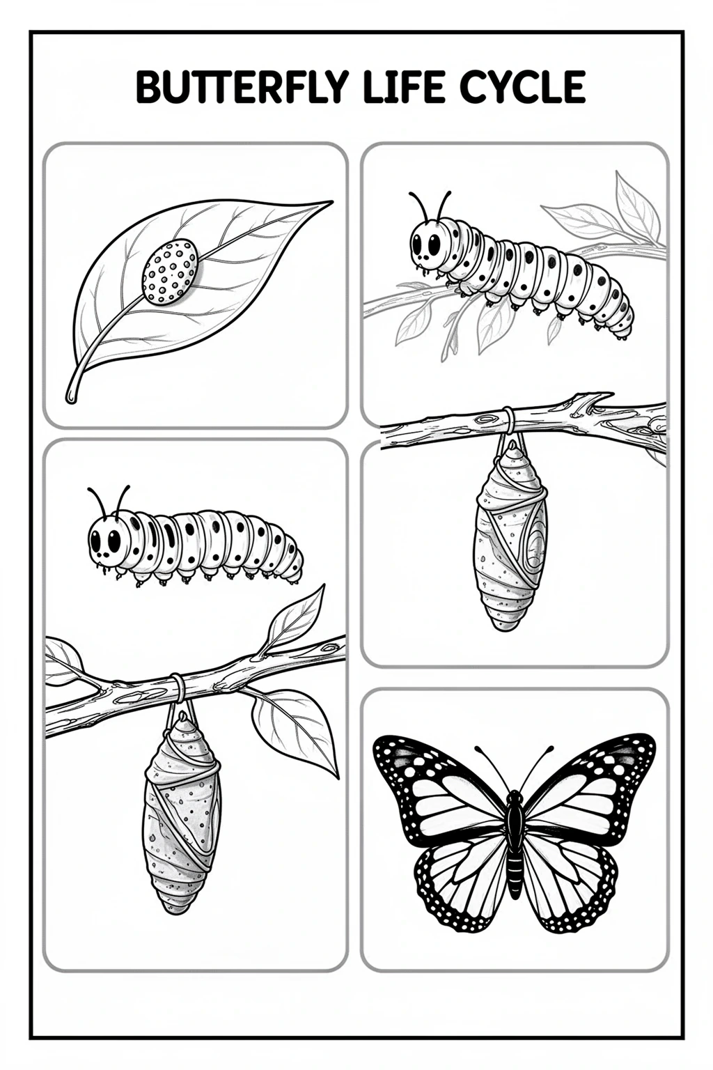 Black-and-white coloring page showing the butterfly life cycle in four simple panels.
