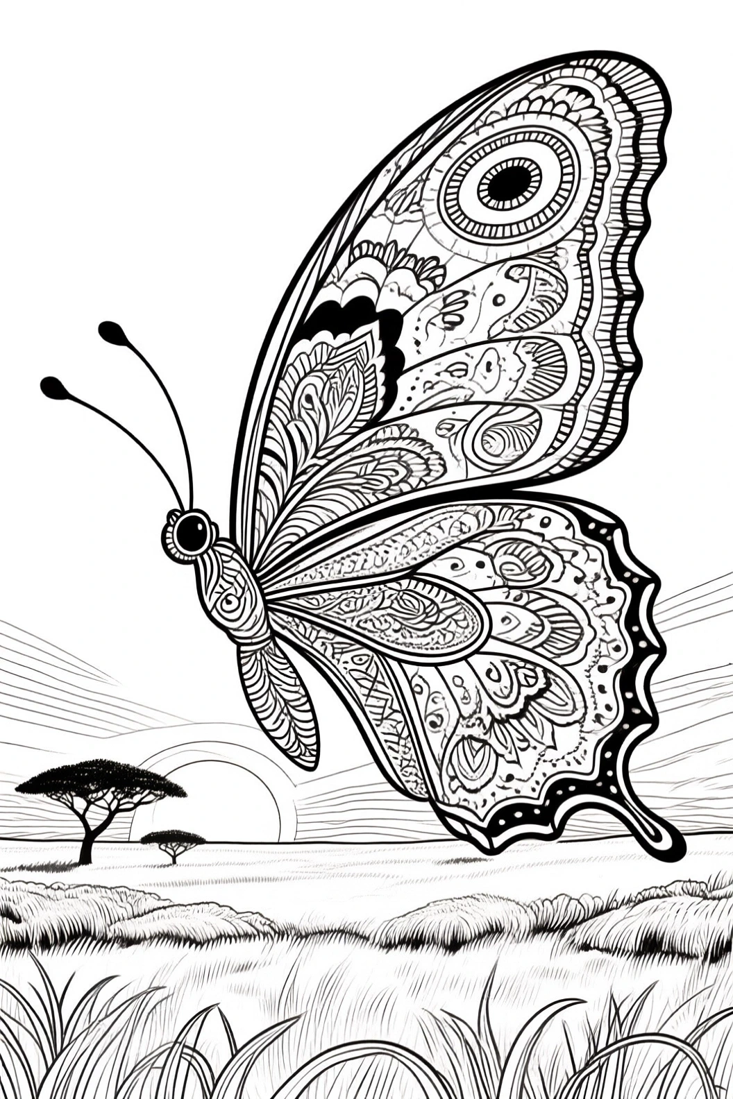Black-and-white line art coloring page of a mandala-style butterfly flying over a savanna sunset with acacia trees; part of animal coloring page for spring and summer. Suitable for detailed coloring