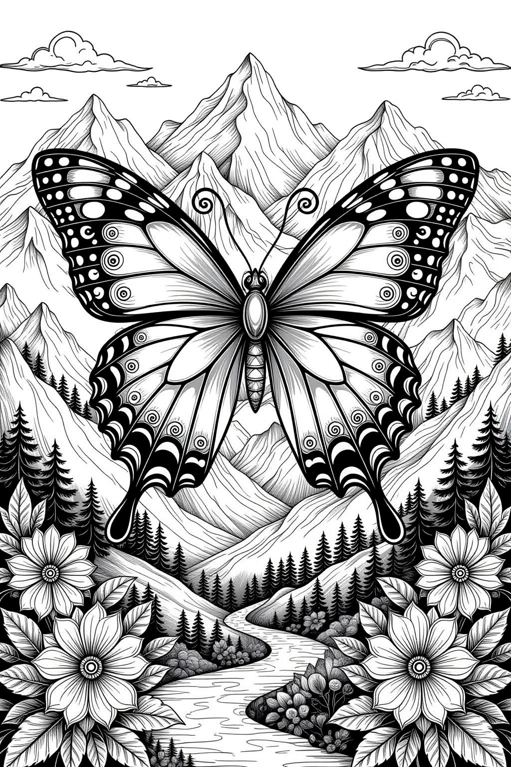 Black-and-white line art of a butterfly with mandala-style wing details over alpine mountains, pines, river, and flowers an animal scene for spring and summer. Suitable for detailed coloring page