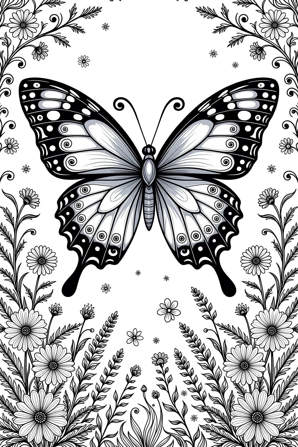 Intricate black-and-white animal coloring page of a butterfly with mandala-inspired wings surrounded by spring flowers; ideal for detailed coloring page, kids' coloring page, a printable coloring