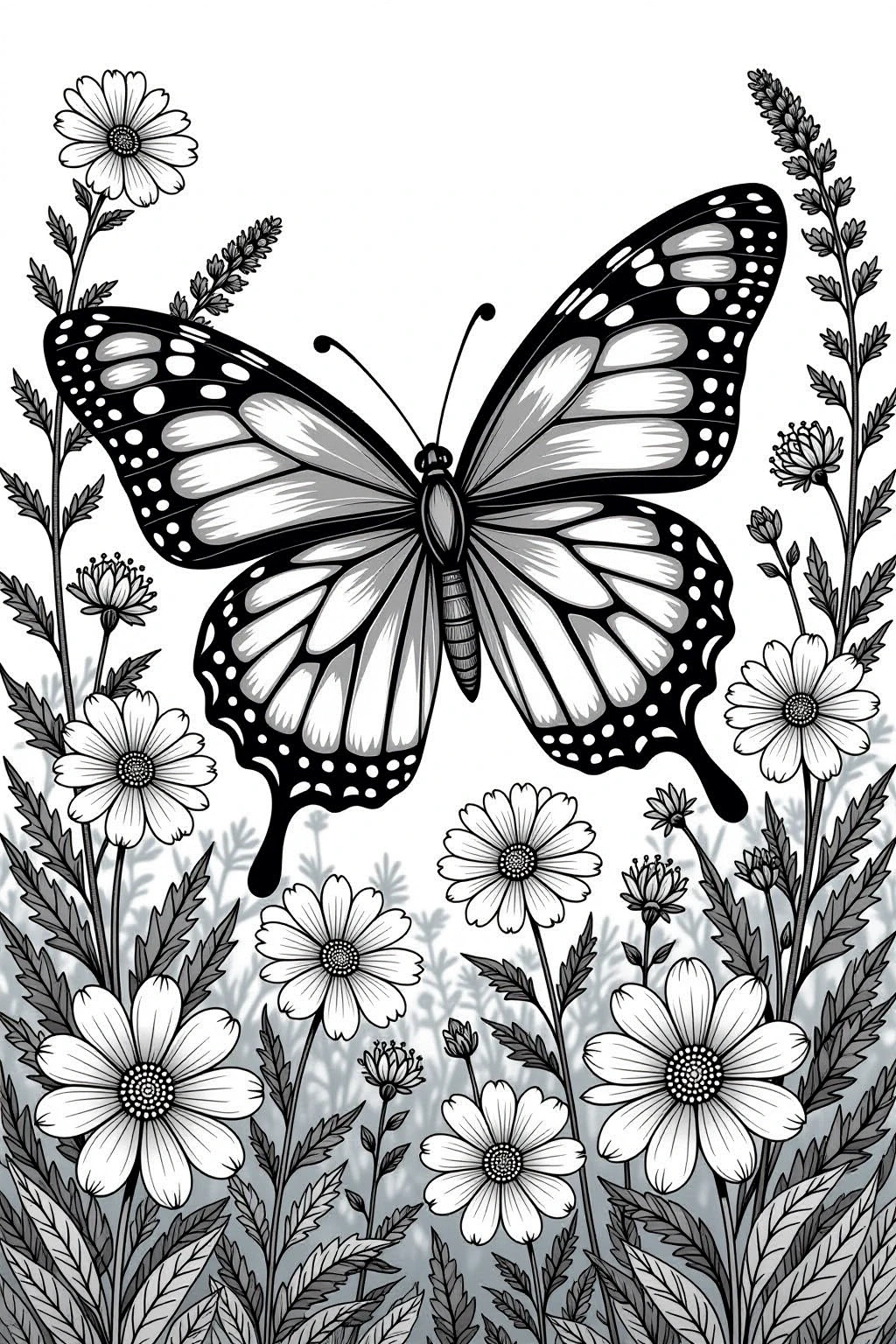 Black-and-white line art of a butterfly hovering over spring wildflowers; one of our detailed coloring page ideal for kids' coloring page, printable coloring page collections, or standalone coloring
