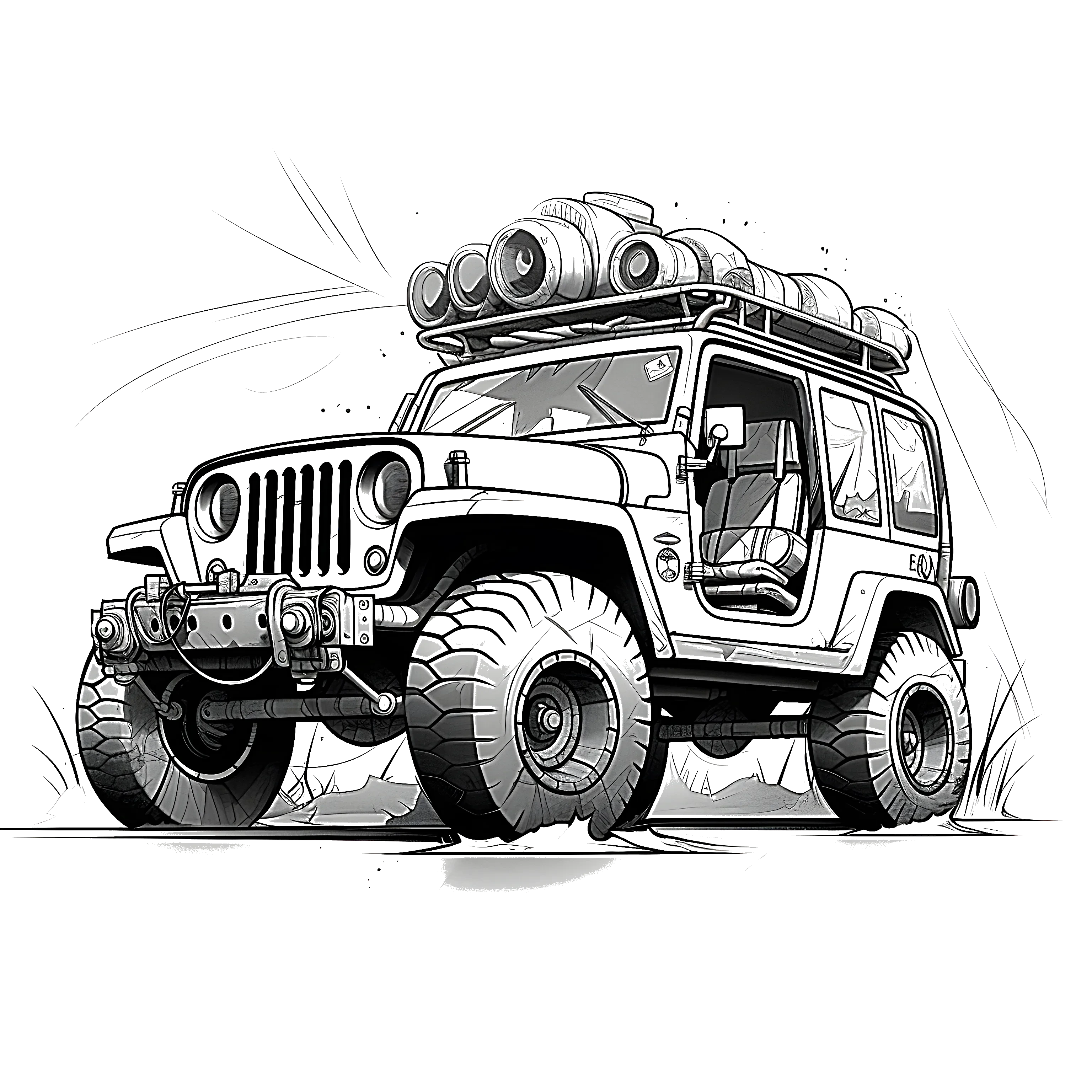 Black and white coloring page of an off-road SUV jeep with a roof rack and large tires.