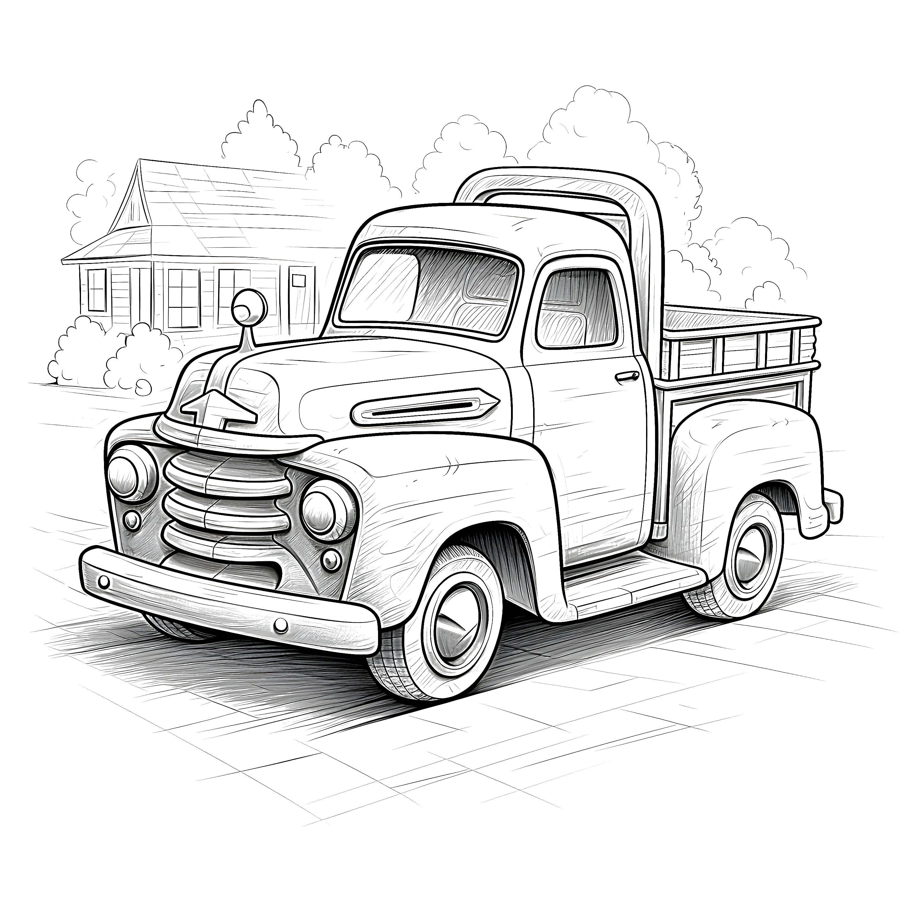 A vintage pickup truck parked in front of a house, drawn as a black-and-white coloring page.