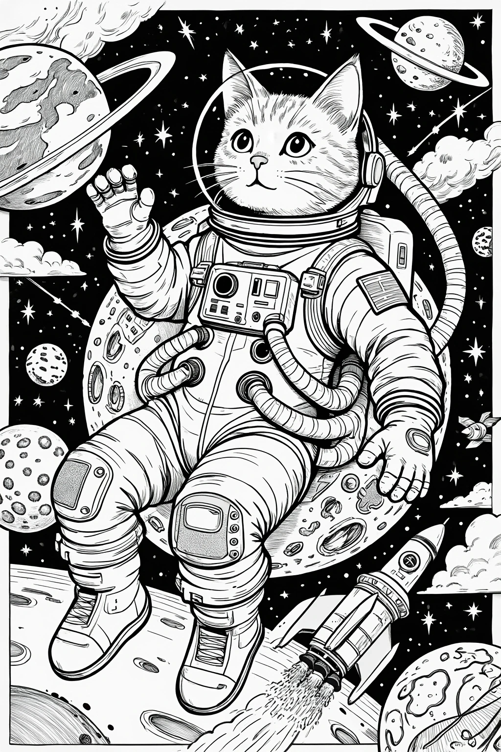 Black and white detailed coloring page featuring a cute cat dressed as an astronaut floating in space with planets, stars, a rocket, and clouds. Ideal for kids' coloring page, printable coloring page.