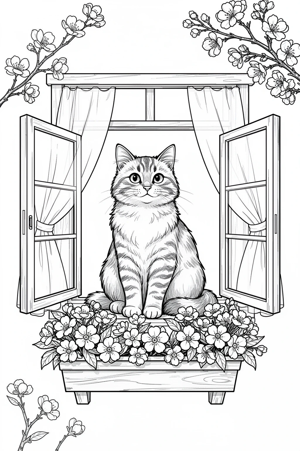 Black-and-white coloring page of cat window flower box coloring page.