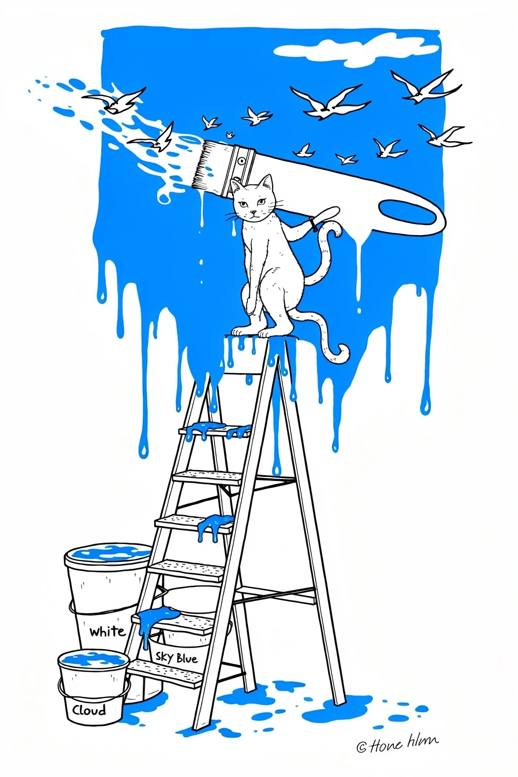 Line art of a cat standing on a ladder holding a paintbrush with sky-blue paint dripping from a large painted area; birds fly out of the brush. Use as detailed coloring page, kids' coloring page