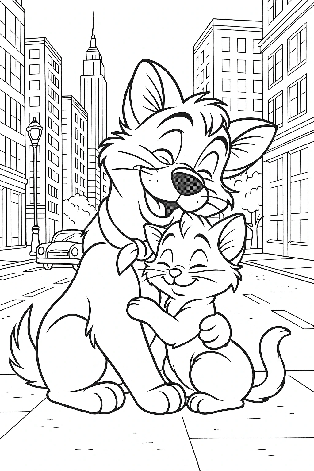Black-and-white city scene line art of a smiling dog hugging a kitten on a sidewalk detailed coloring page, kids' coloring page, printable coloring page and coloring sheets for animal lovers.