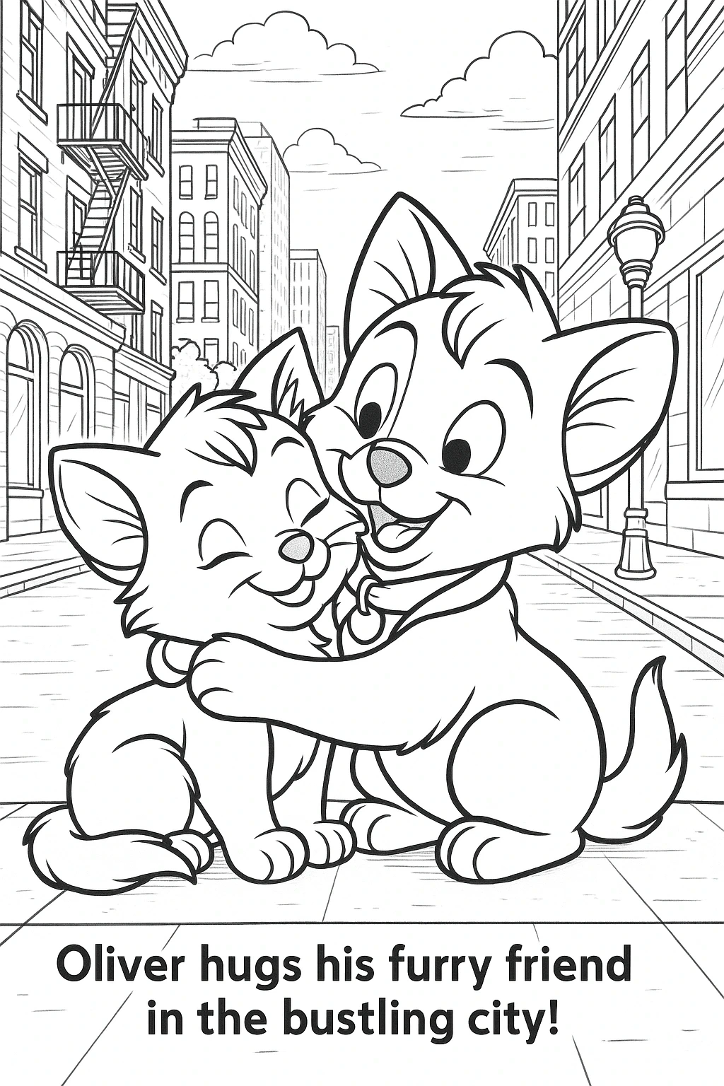 Black-and-white city scene line art of two happy kitten friends hugging on a sidewalk a printable coloring sheet that works as detailed coloring page, kids' coloring page, and a printable coloring