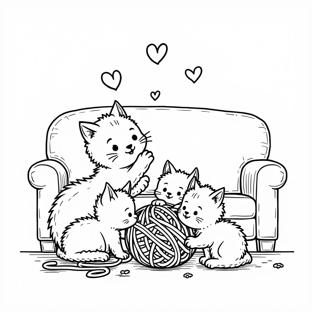 Cute kitten detailed coloring page scene with three fluffy kittens playing with a yarn ball on a couch, surrounded by hearts; fun kids' coloring page style for a printable coloring page and coloring
