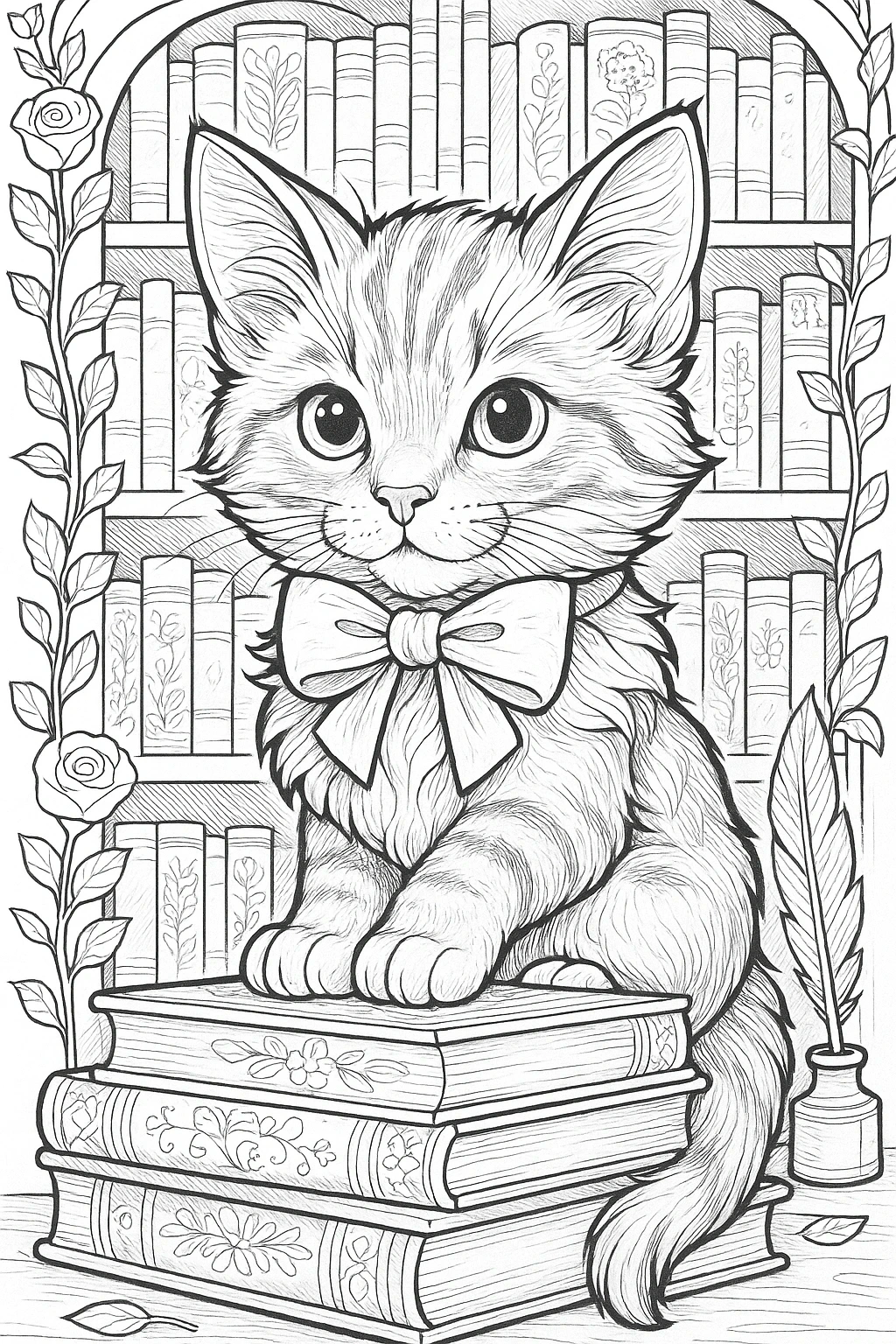 Black-and-white line art of a kitten wearing a bow sitting on stacked books in front of a bookshelf detailed coloring page, kids' coloring page, printable coloring page and coloring sheets for animal