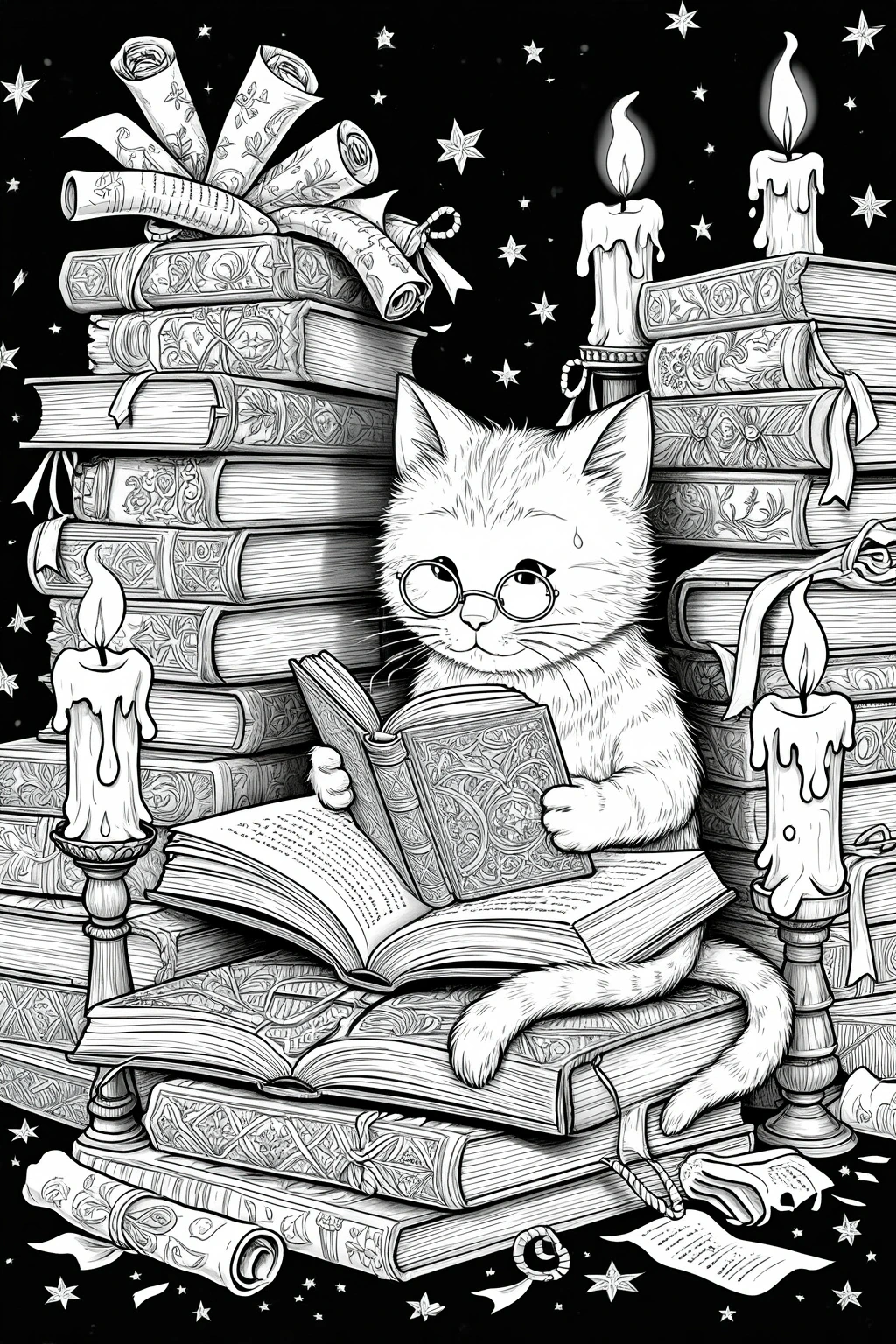 Magical cat librarian sitting among stacks of ornate books with candles and stars, a detailed black-and-white animal coloring page, perfect for detailed coloring page, kids' coloring page, printable