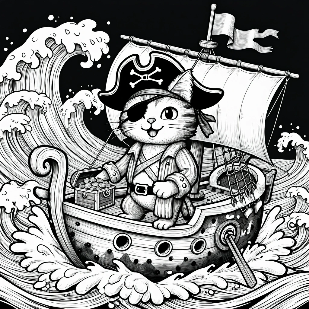 Black-and-white pirate cat sailing a ship through huge ocean waves with a treasure chest, sail, and pirate hat, designed as detailed coloring page, kids' coloring page, printable coloring page, and