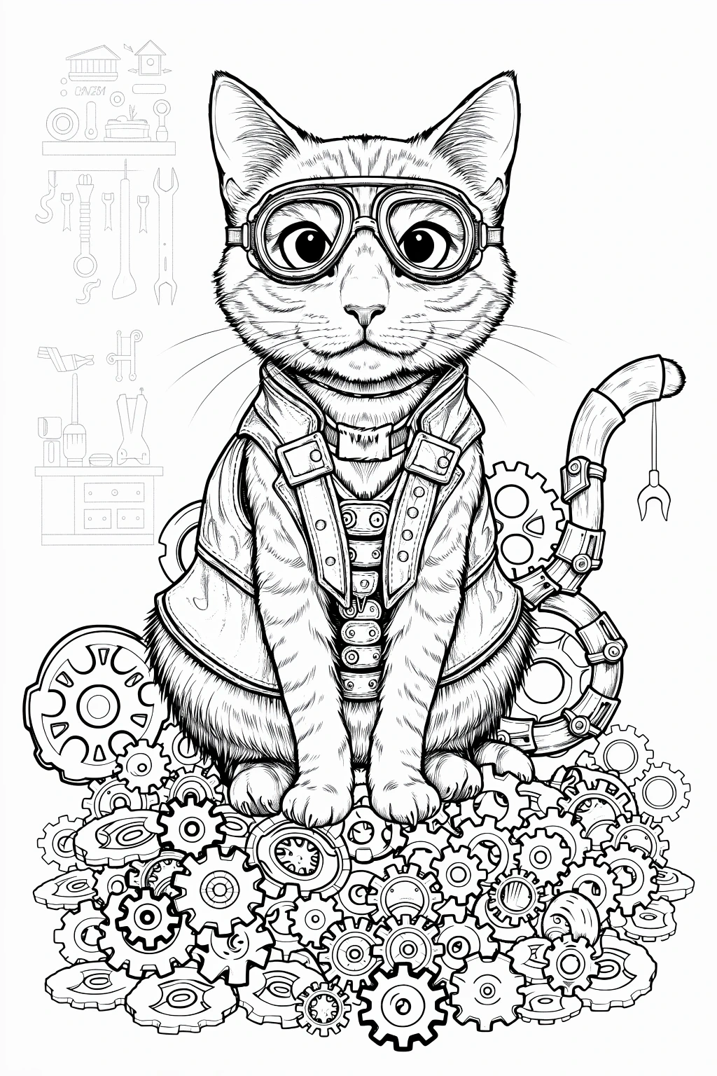 Black-and-white steampunk cat coloring page with goggles and gears detailed coloring page, kids' coloring page, printable coloring page style coloring sheets for animal lovers.