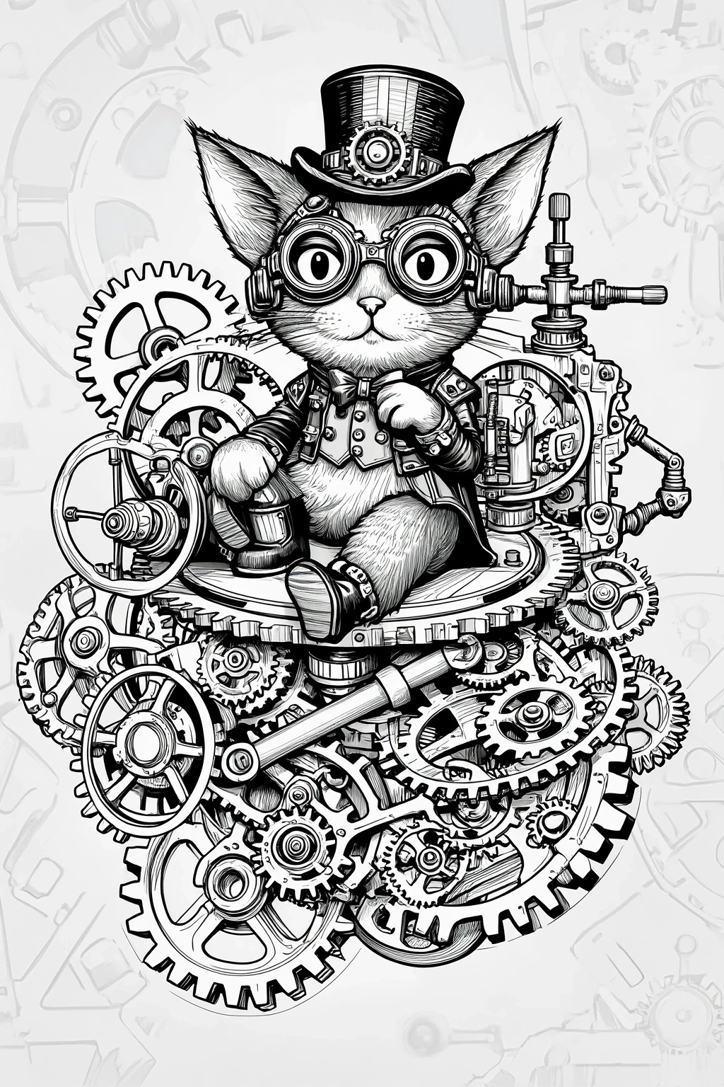Black and white steampunk cat coloring page with goggles, top hat, and many gears, designed as detailed coloring page, kids' coloring page, printable coloring page, and coloring sheets for animal