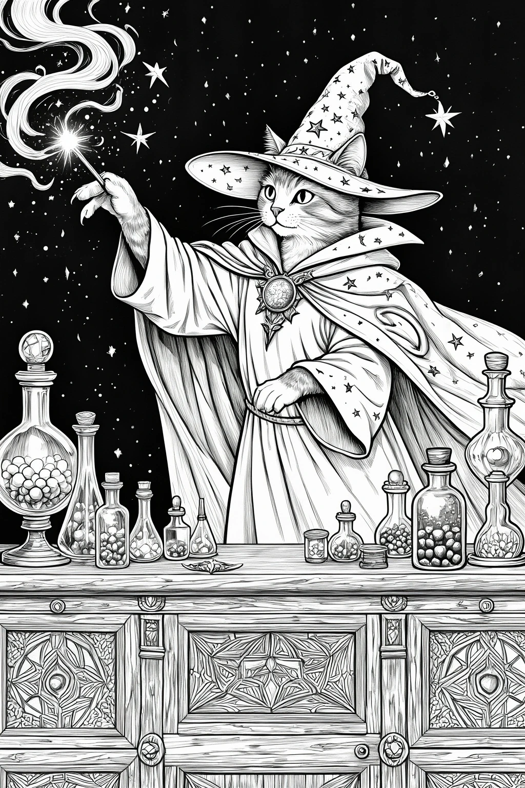 A magical wizard cat in a starry scene holding a wand, surrounded by potion bottles and mystical details. This black-and-white illustration is perfect for detailed coloring page, kids' coloring page.