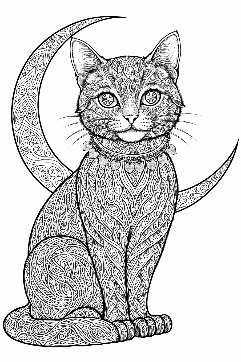 Black and white coloring page of intricate ornamental cat sitting in front of a crescent moon, drawn in detailed black-and-white line art for coloring