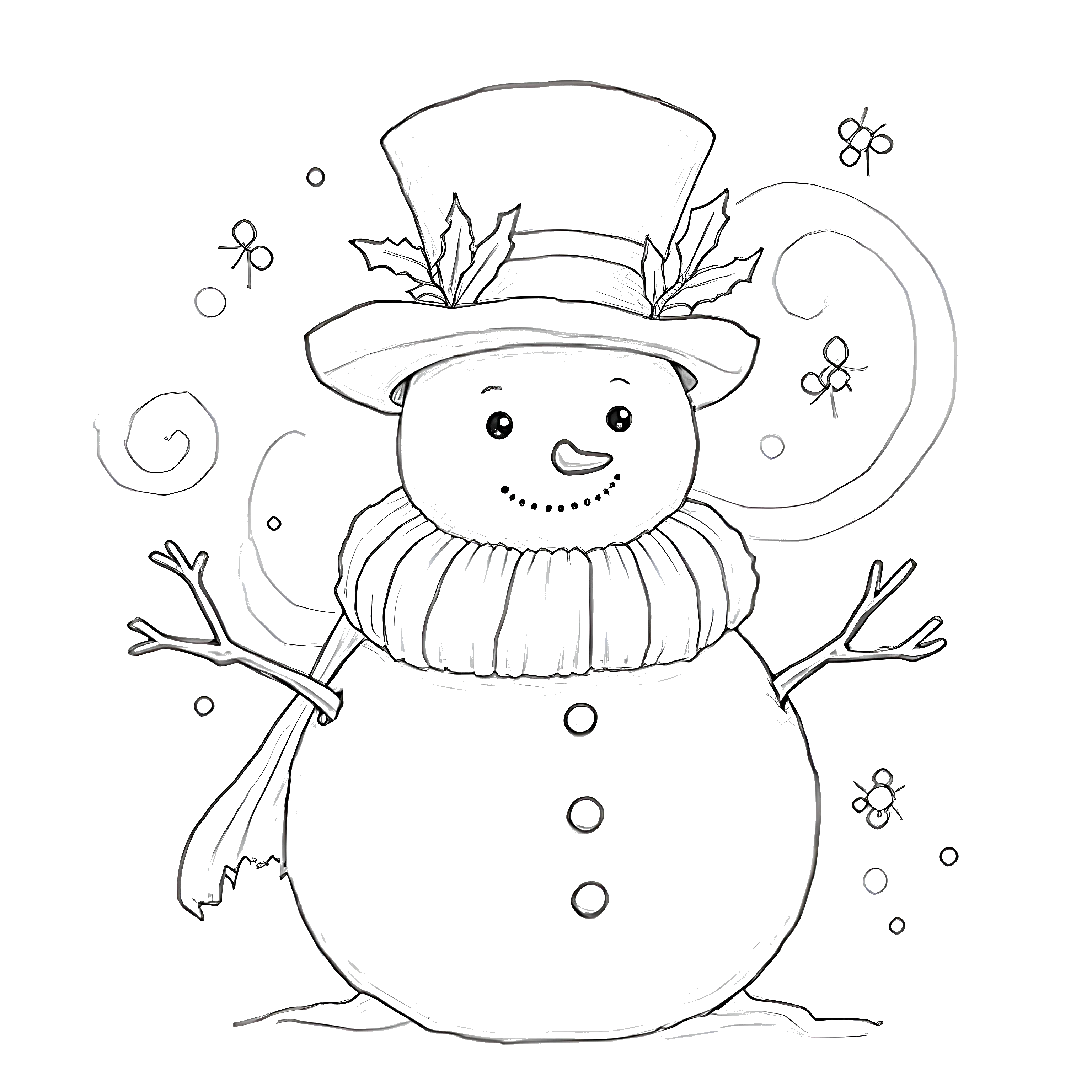 Cute snowman wearing a top hat and scarf with snowflakes around it, printable coloring page