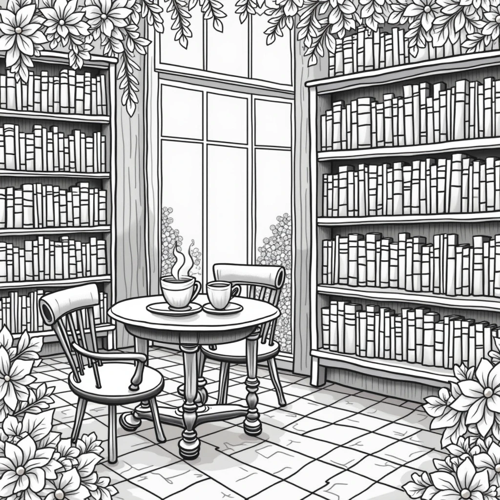 Black-and-white line art of a cozy home library reading nook with tall bookshelves, a round table with two chairs and steaming tea, framed by spring flowers; ideal for detailed coloring page in a