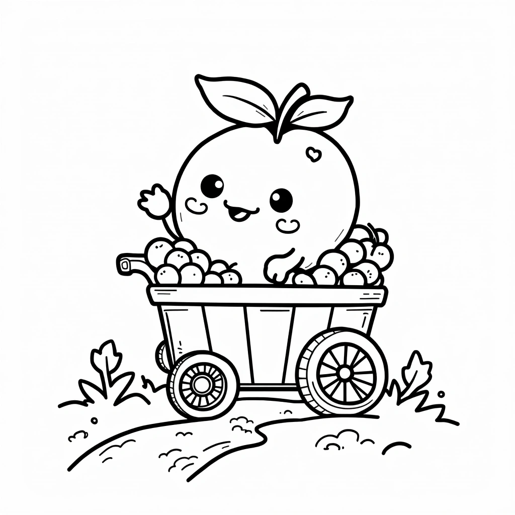 Black and white coloring page of cute smiling apple character sitting in a wooden cart with fruit, drawn in simple black-and-white line art for coloring