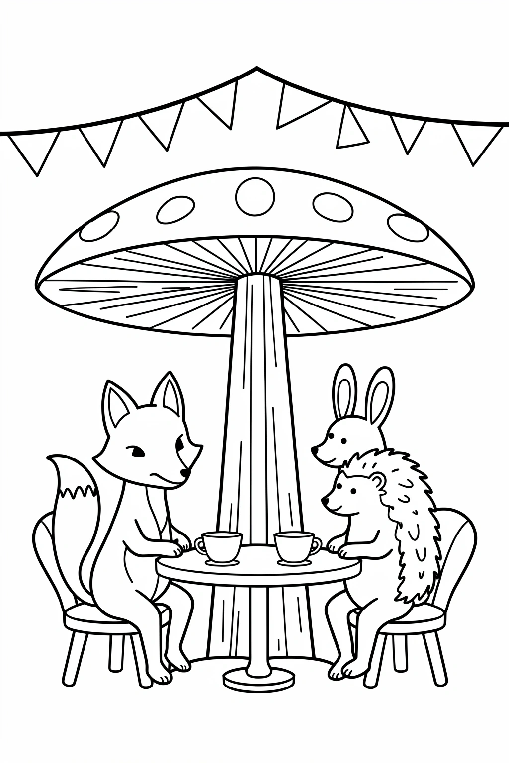 A fox, rabbit, and hedgehog sitting at a small table under a large mushroom umbrella with cups of tea, drawn as a coloring page.