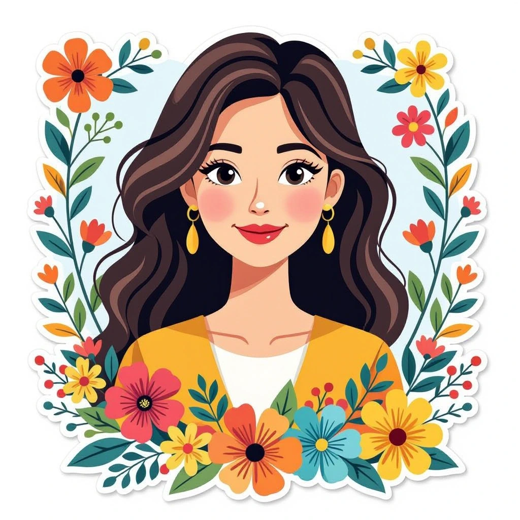 Black and white coloring page of cute girl portrait surrounded by colorful flowers and leaves in a decorative floral frame