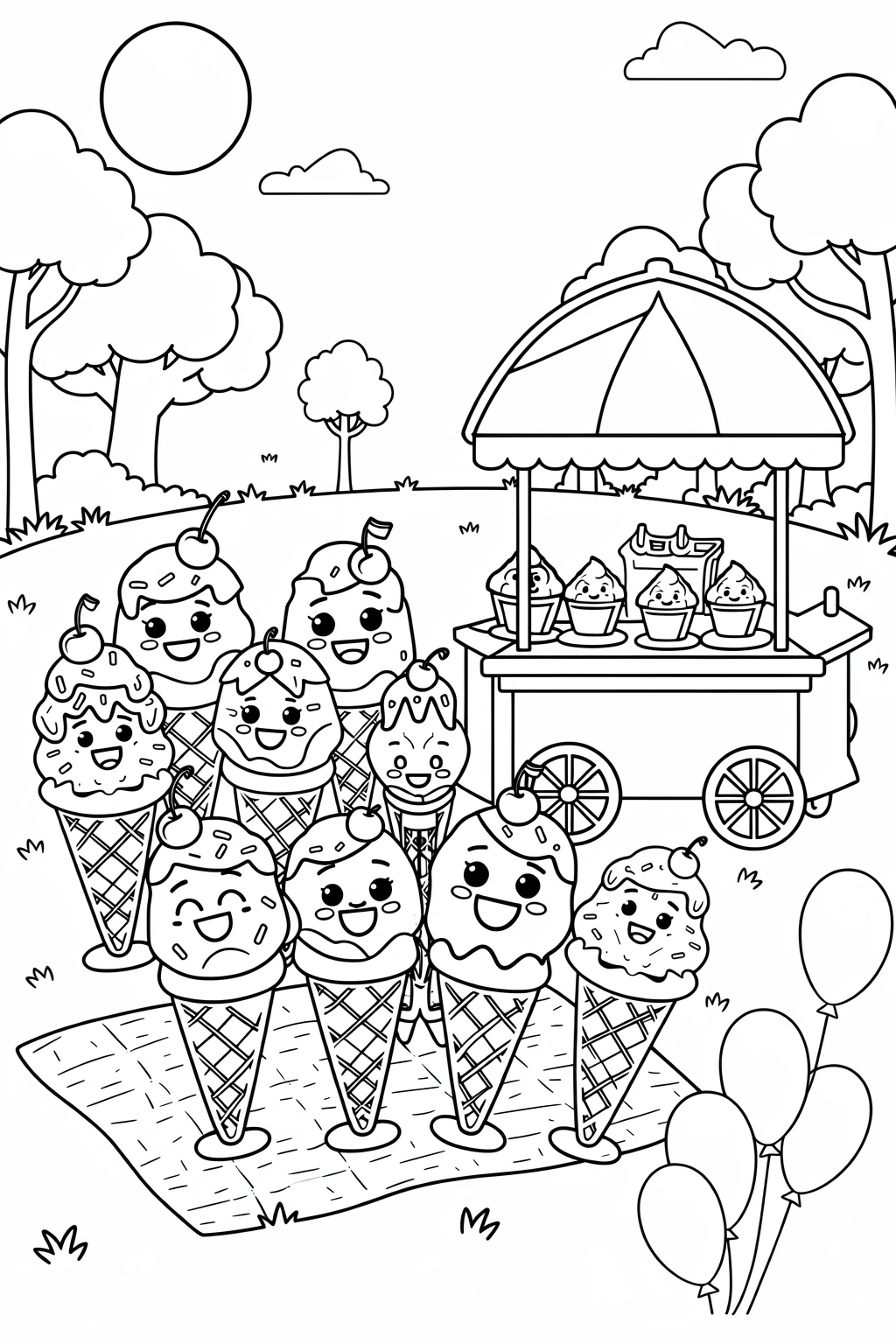 Black and white coloring page of cute ice cream cart with smiling ice cream cones in a park with trees, balloons, and a sunny sky