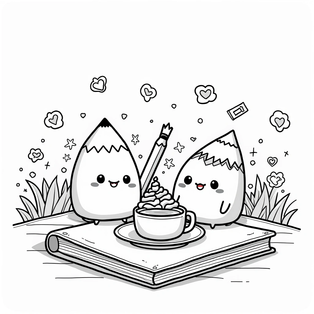 Black and white coloring page of two cute smiling pencils beside a coffee cup topped with whipped cream sitting on an open book, with hearts and small sparkles around them