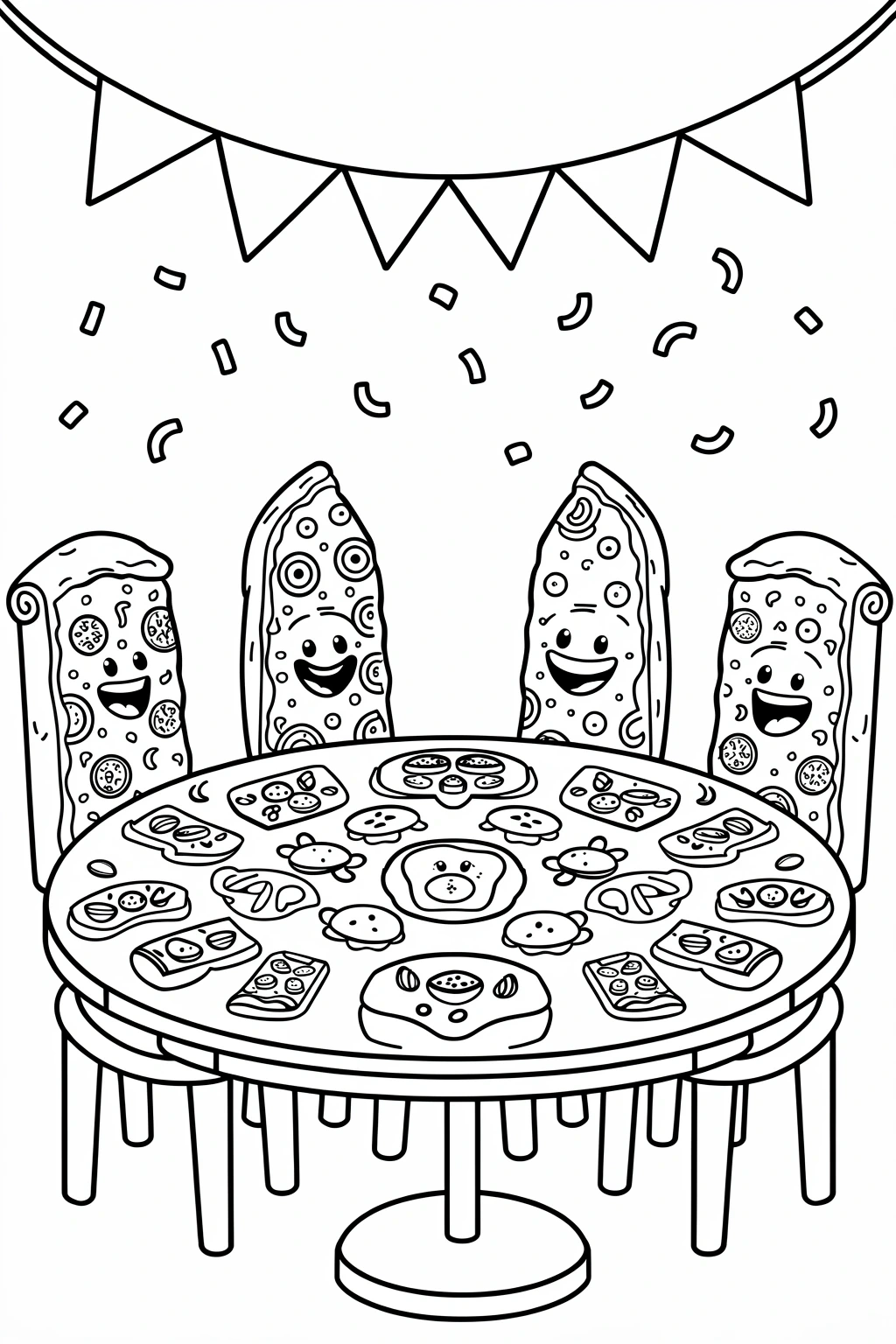 A cute black-and-white coloring page of a pizza party table with smiling food slices, confetti, and festive decorations.