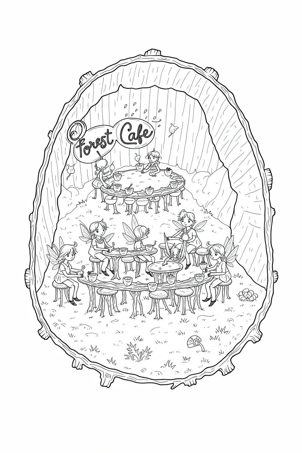 A whimsical coloring page of fairies sitting at tables inside a forest cafe built in a hollow tree.