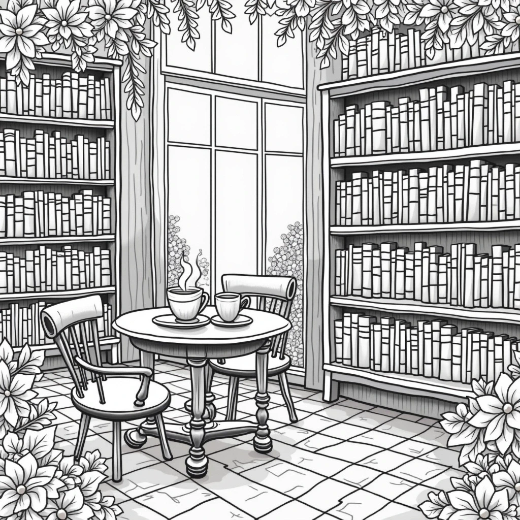 Black-and-white coloring page of a cozy library coffee nook: two chairs and a round table with steaming mugs, tall bookshelves, large window, and floral border. Part of a printable coloring page