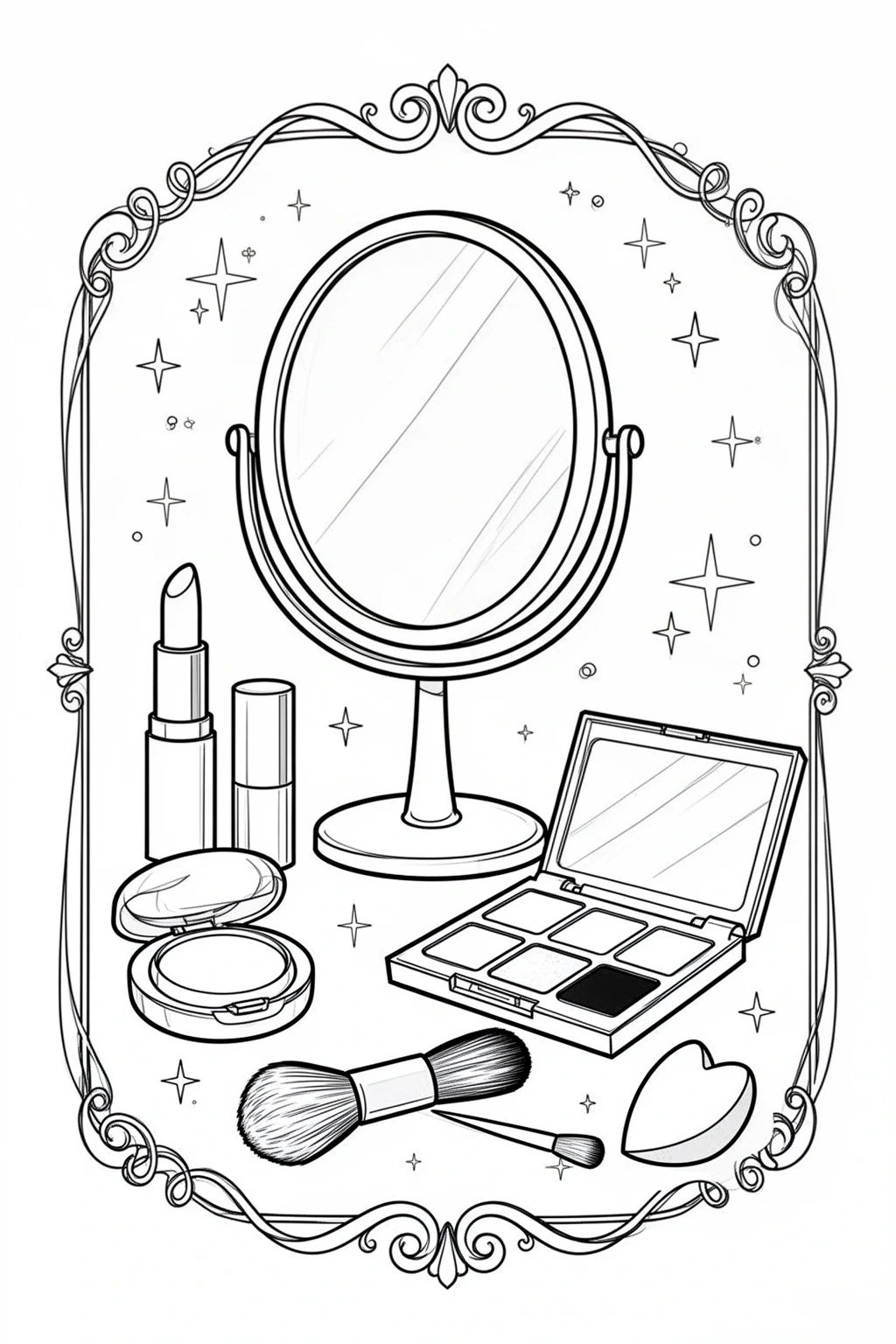 Makeup coloring page | Cute Vanity Essentials for Kids & Adults.