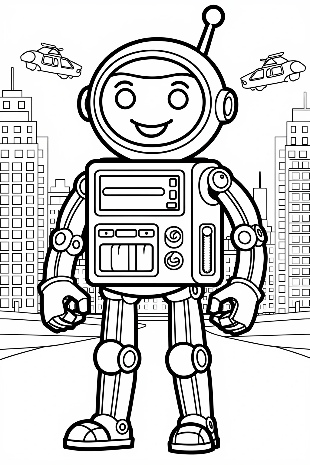 Black-and-white robot astronaut standing in a city skyline coloring page. This printable coloring sheet features bold outlines and simple shapes ideal for a printable coloring page, detailed coloring