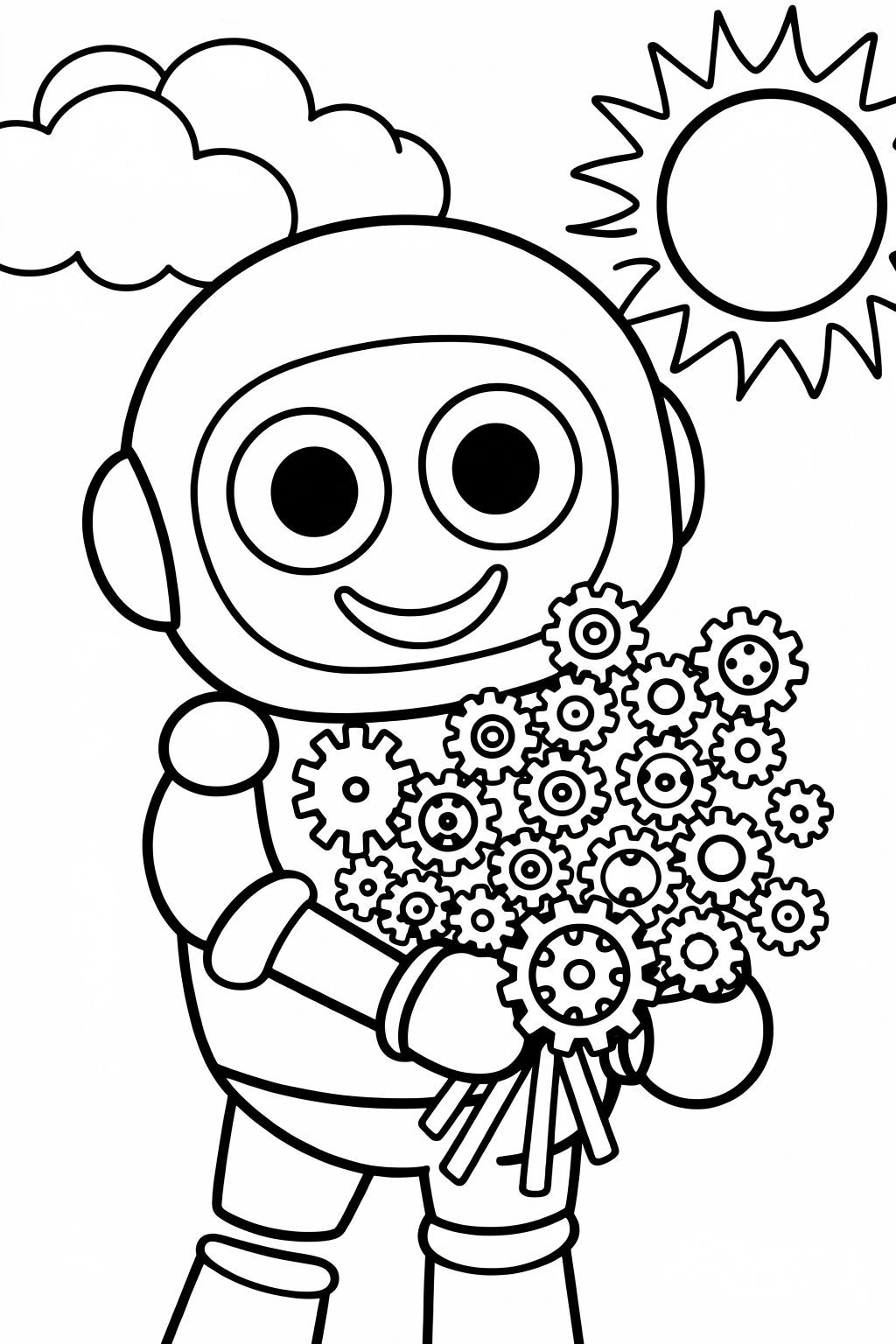 Smiling robot holding a bouquet of gears line art for detailed coloring page, kids' coloring page and printable coloring page; black-and-white coloring sheets ready to print.
